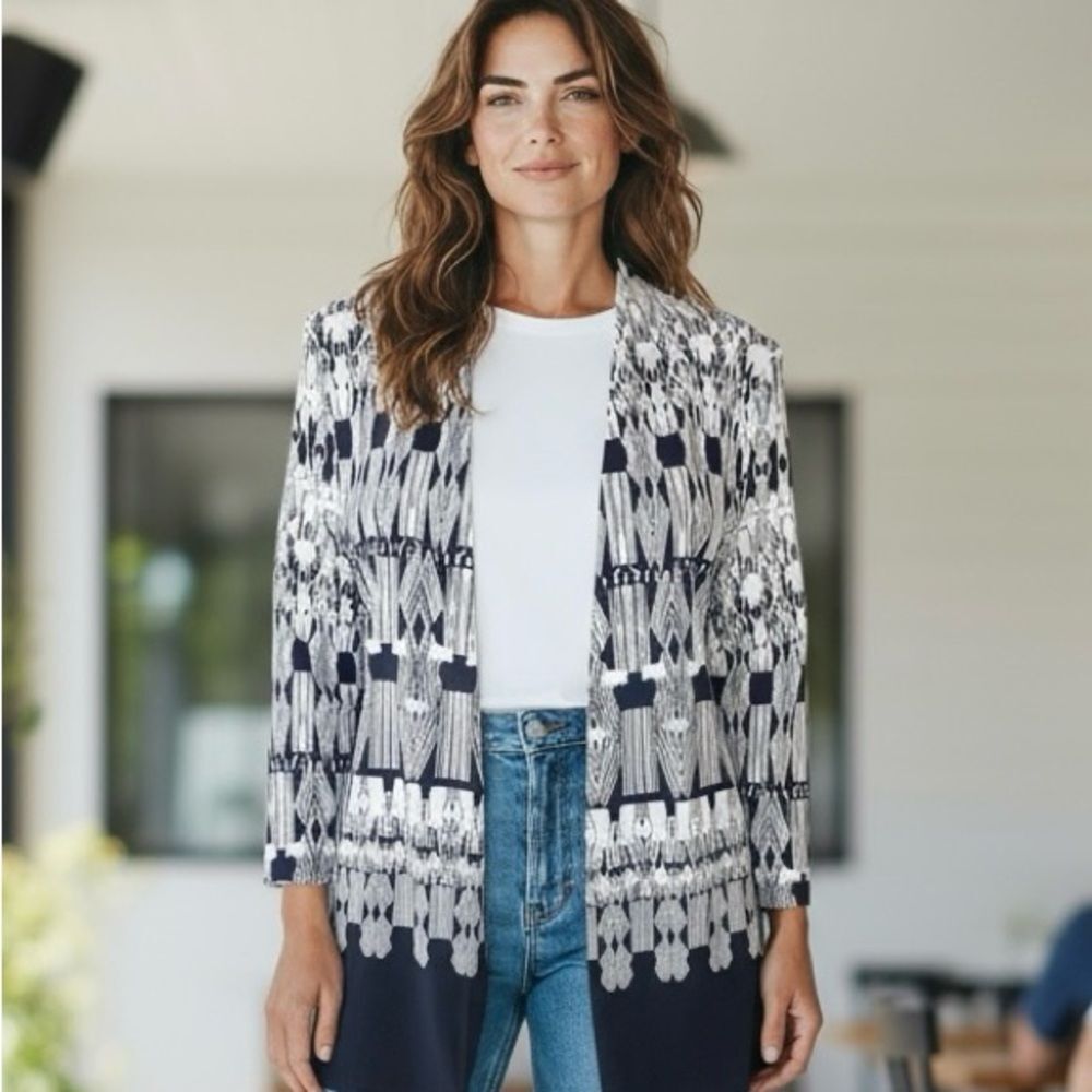 Rafaella Black White Blazer Womens Size Medium Cotton Stretch Light Weight